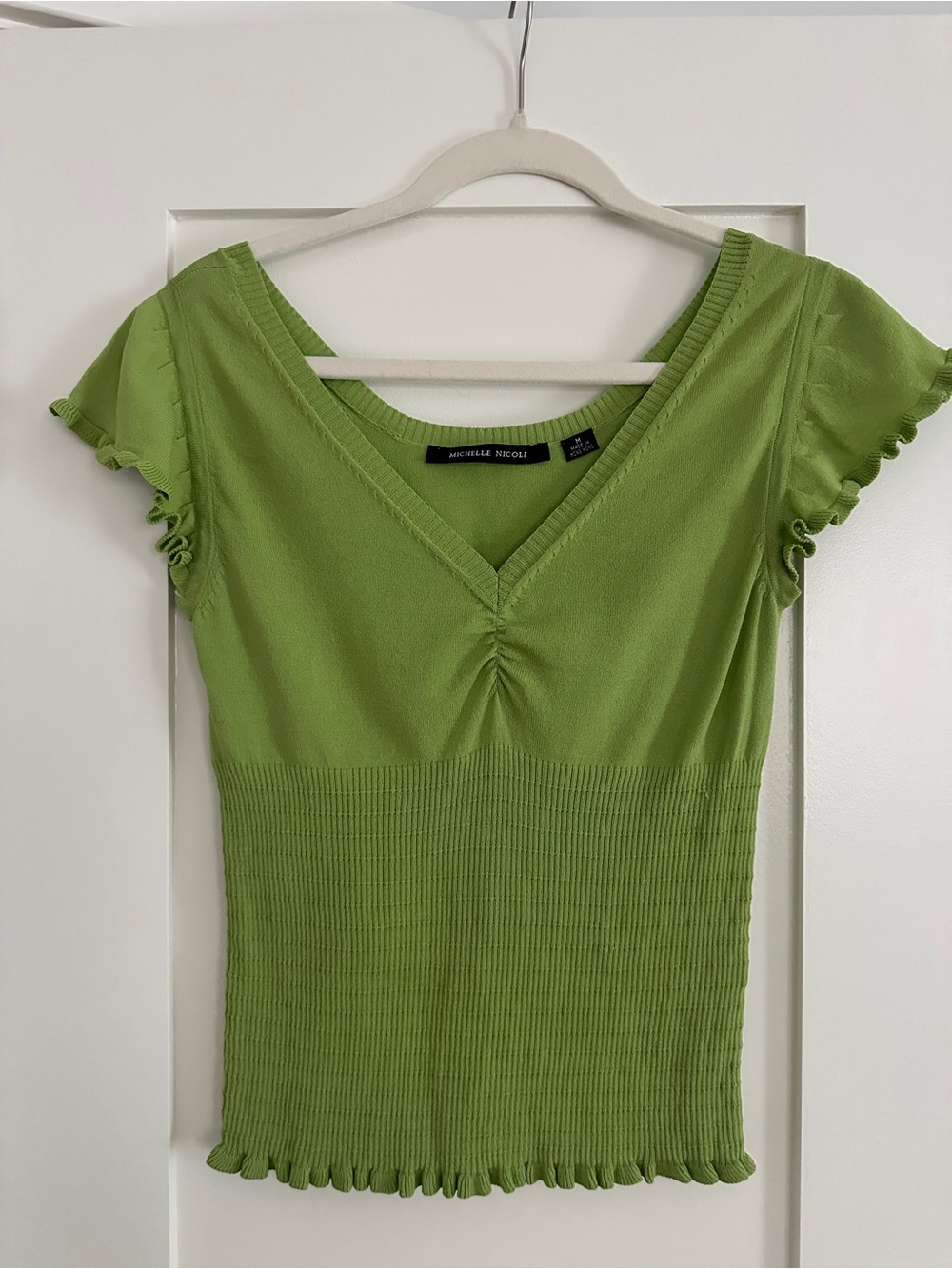 Michelle Nicole Bright Lime Green V-Neck Ruched Knit Top